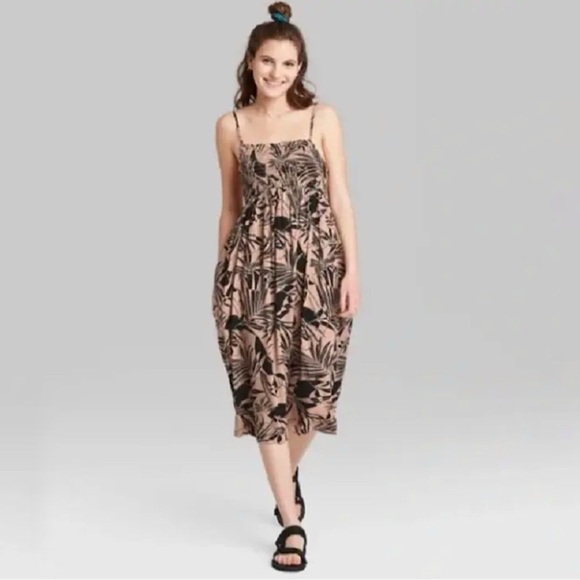 wild fable Dresses & Skirts - Wild Fable Smocked Midi Beach Dress Tropical Palm Print Clay Black XS